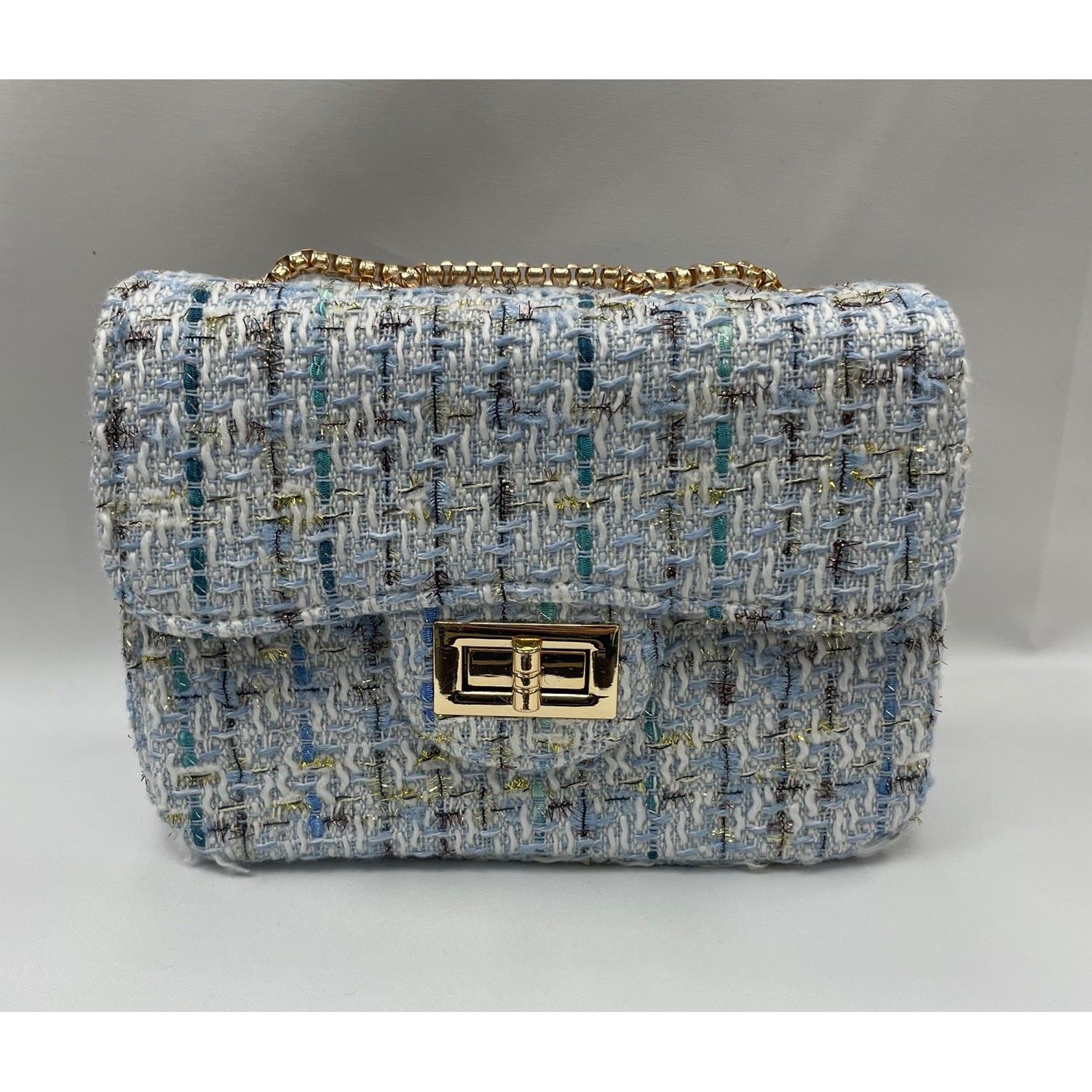 GOLD BLUE TWEED PURSE CROSSBODY GOLD CHAIN POCKET / 28958