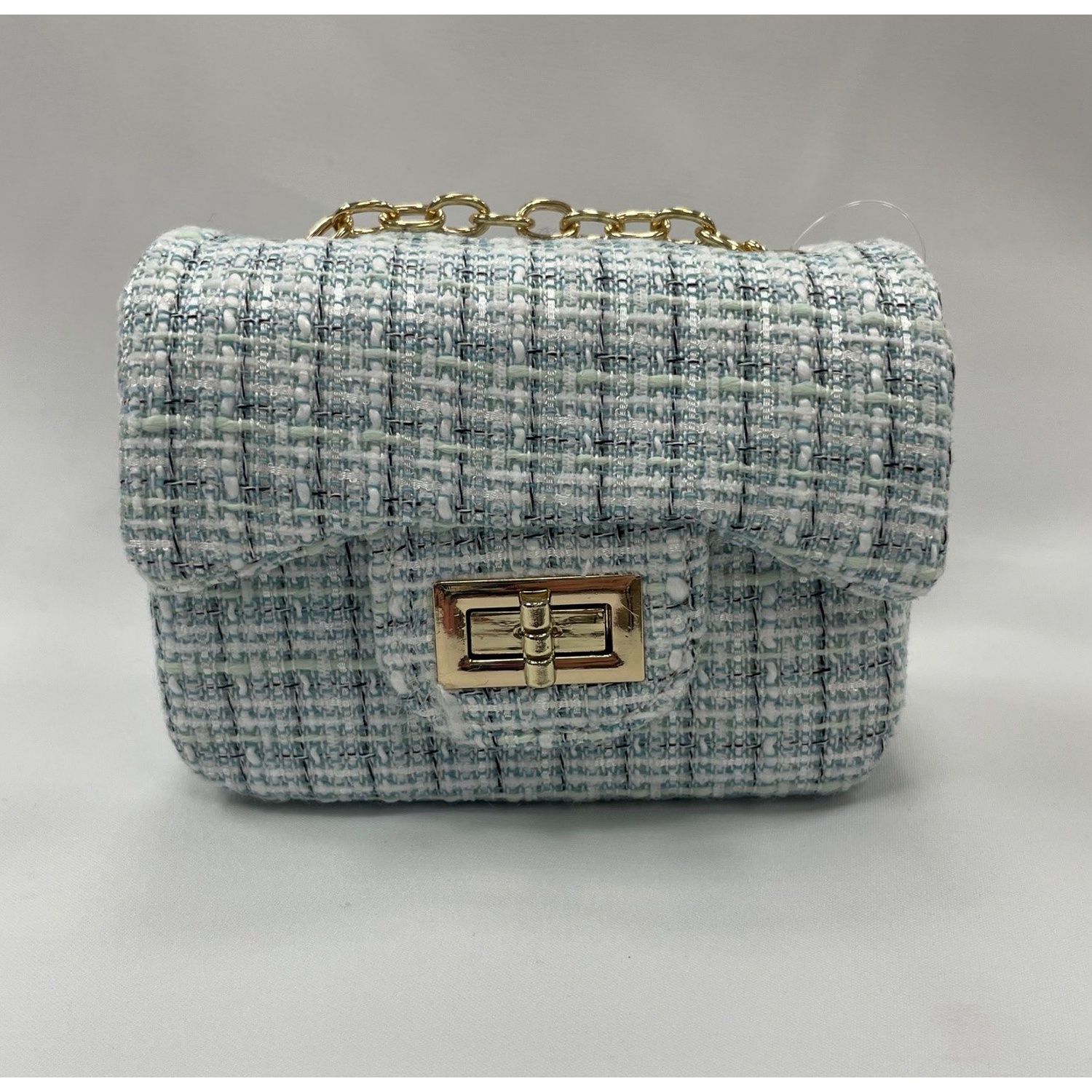 BLACK WHITE SMALL CHECK TWEED PURSE GOLD CHAIN / 28958