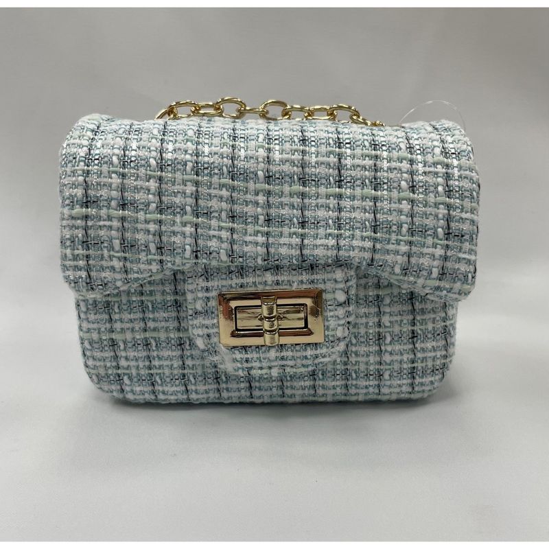 BLACK WHITE SMALL CHECK TWEED PURSE GOLD CHAIN / 28958
