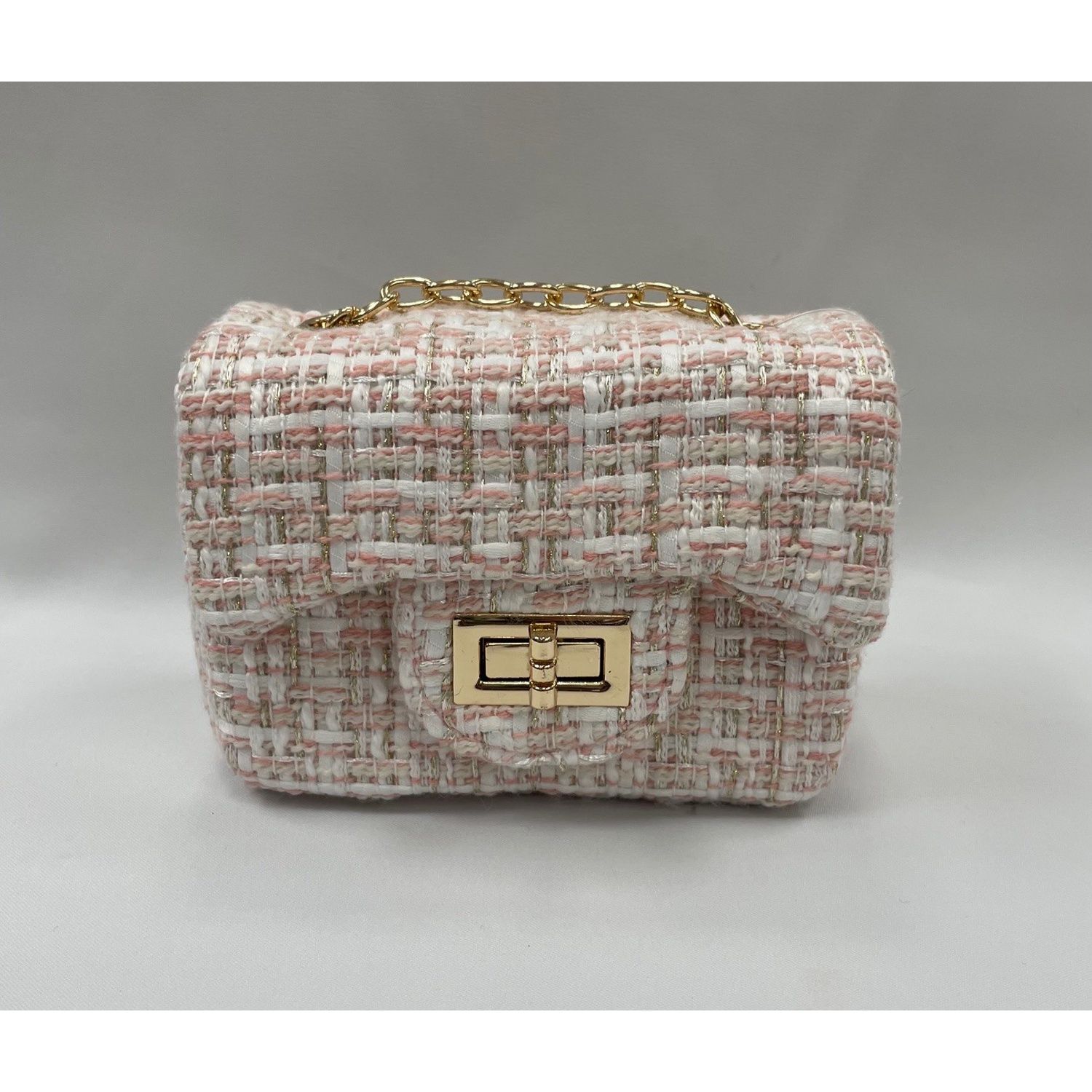 PINK GOLD WHITE TWEED PURSE GOLD CHAIN / 28958