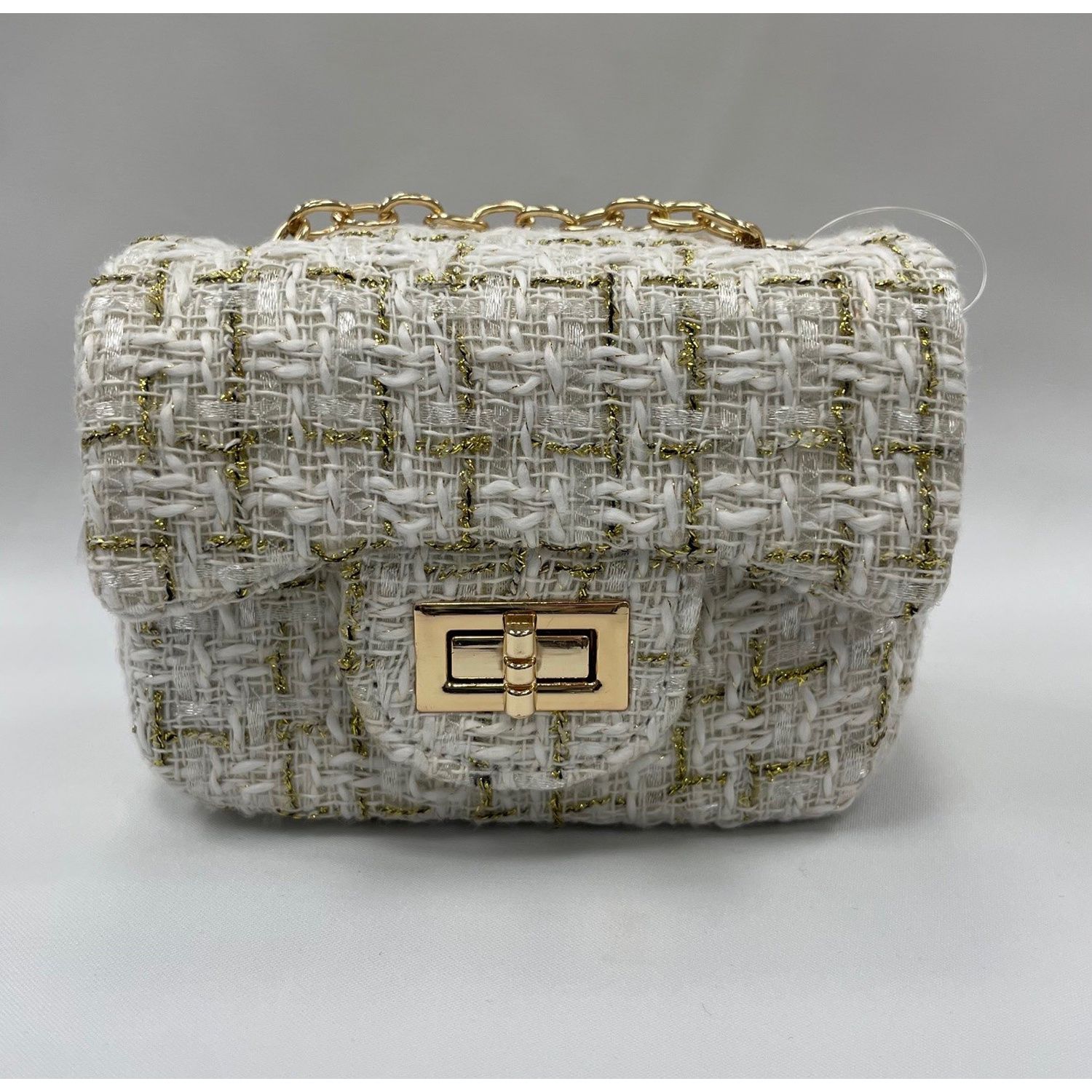 WHITE GOLD TWEED PURSE GOLD CHAIN / 28958