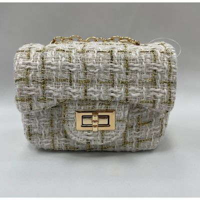 WHITE GOLD TWEED PURSE GOLD CHAIN / 28958