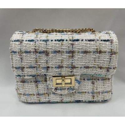 GOLD WHITE TWEED PURSE CROSSBODY POCKET BLUE STRIPE / 28958