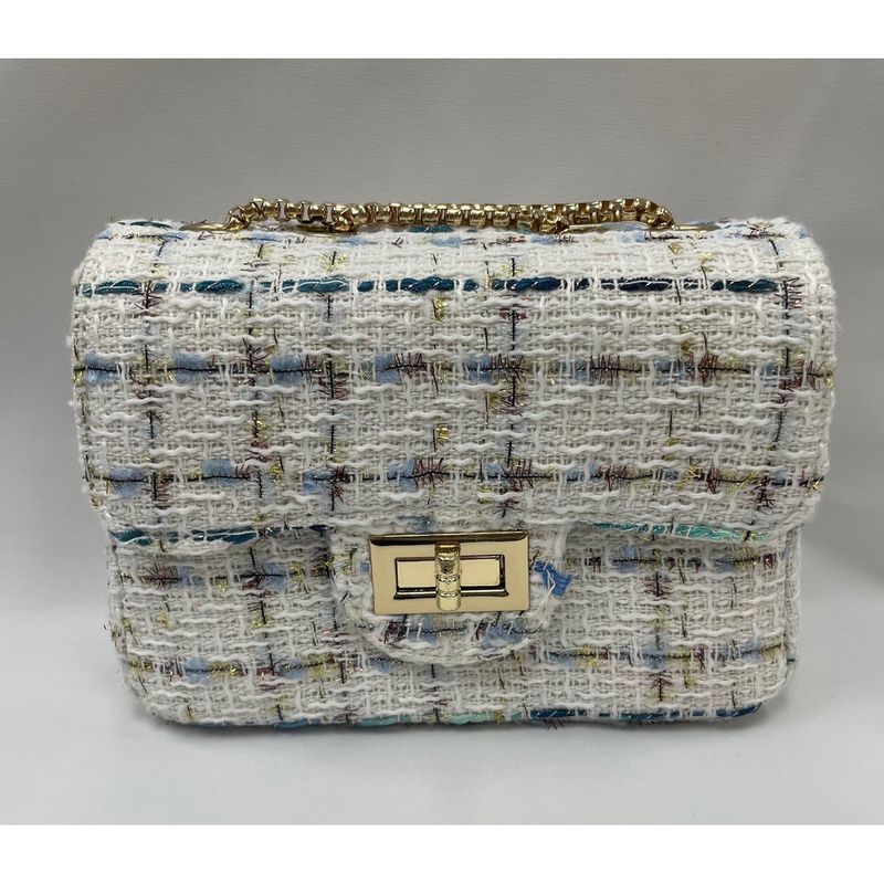 GOLD WHITE TWEED PURSE CROSSBODY POCKET BLUE STRIPE / 28958