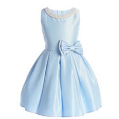 LIGHT BLUE DRESS 4ROWS PEARL COLLAR BOW PLEATED / SK984
