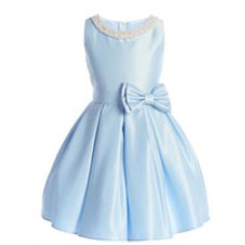 LIGHT BLUE DRESS 4ROWS PEARL COLLAR BOW PLEATED / SK984