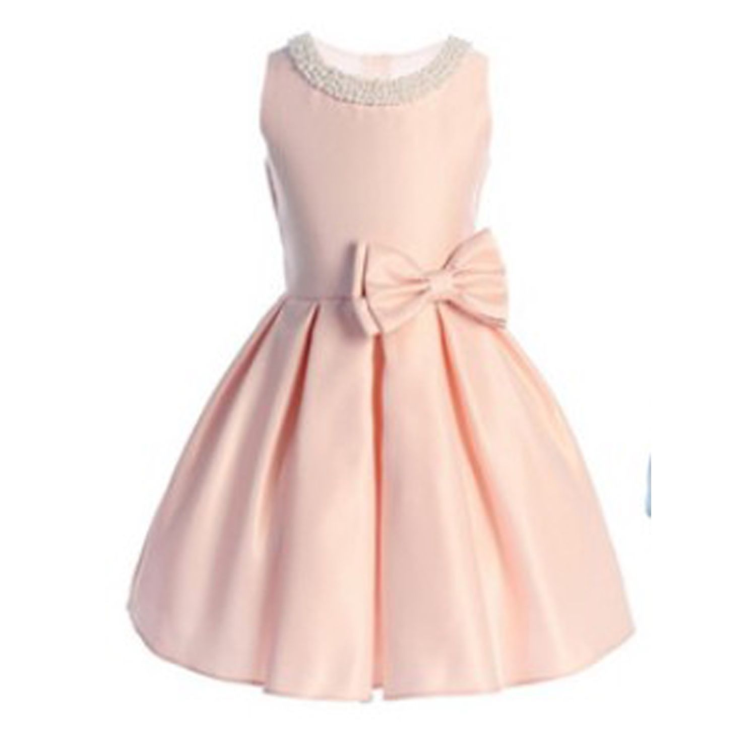 PINK TAFFETA DRESS WHITE 4ROWS PEARL COLLAR BOW TRIM PLEATED / SK984