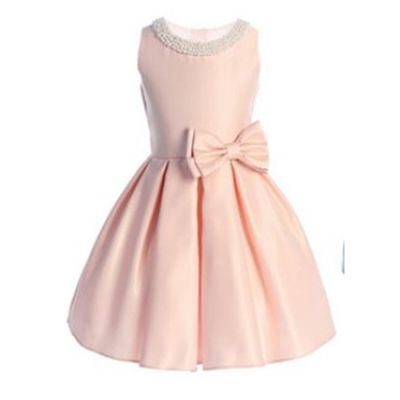 PINK TAFFETA DRESS WHITE 4ROWS PEARL COLLAR BOW TRIM PLEATED / SK984