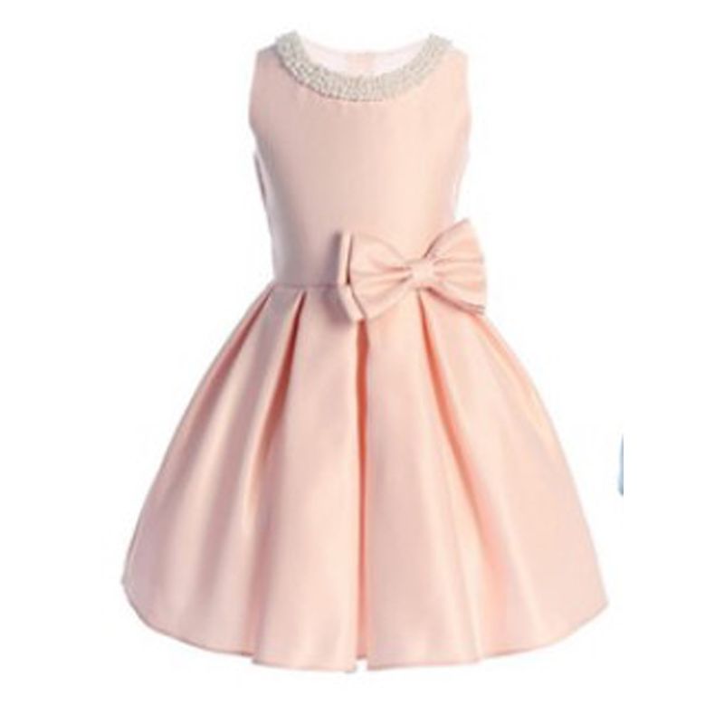 PINK TAFFETA DRESS WHITE 4ROWS PEARL COLLAR BOW TRIM PLEATED / SK984