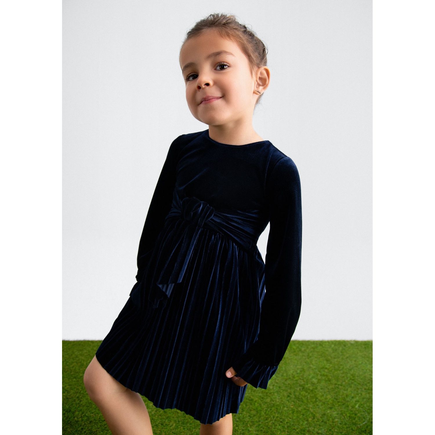 NAVY VELVET DRESS PLEATED SKIRT LONG SLEEVE / 5533-004