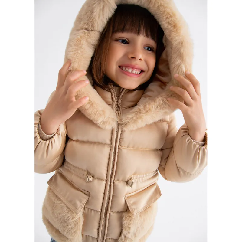 ALMOND SATIN JACKET FAUX FUR TRIM / 5849-014