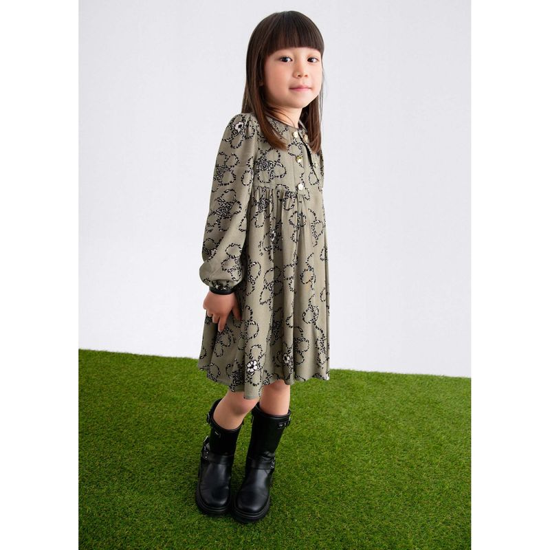 GREEN VISCOSE DRESS BLACK FLOWER PRINT LONG SLEEVE / 5536-006
