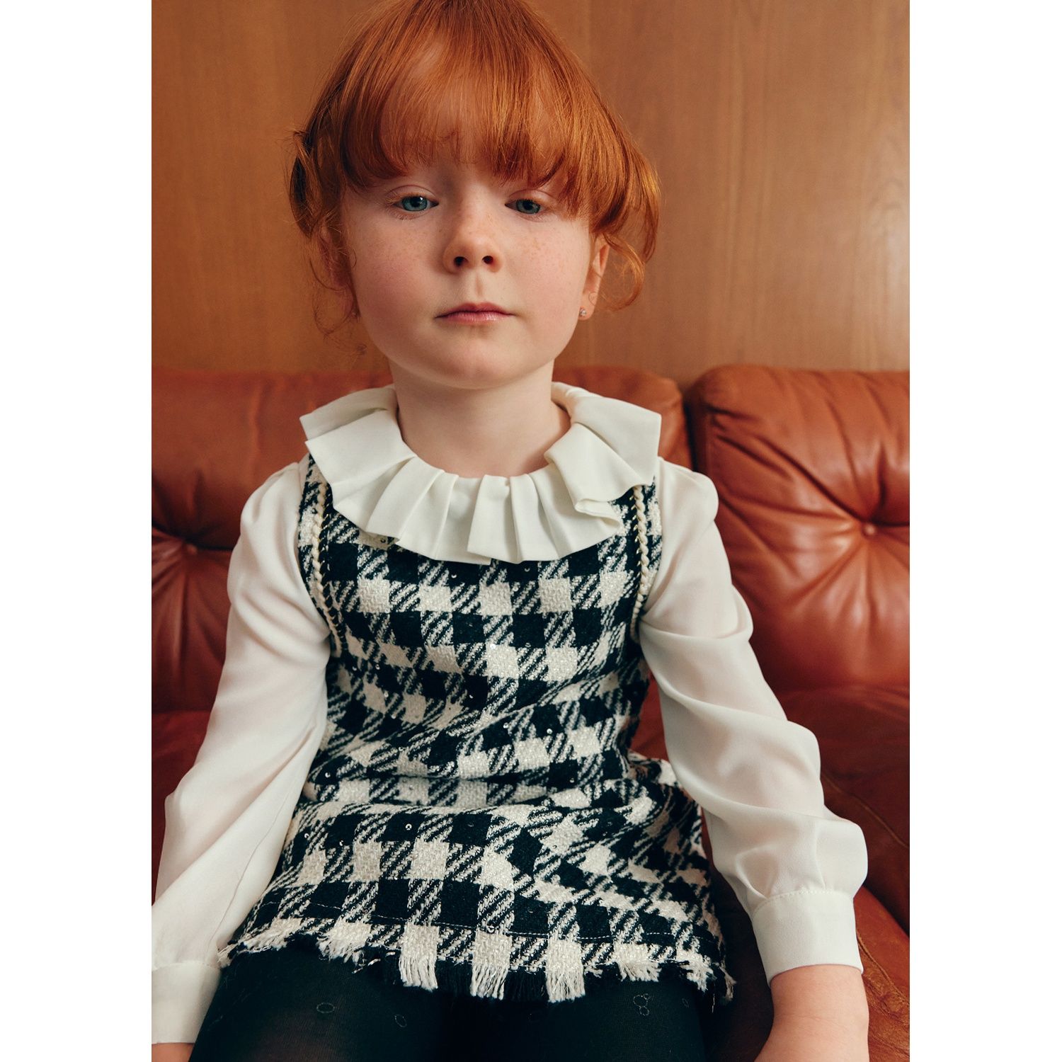 BLACK & WHITE CHECK JUMPER DRESS IMITATION CREAM BLOUSE / 5526-038