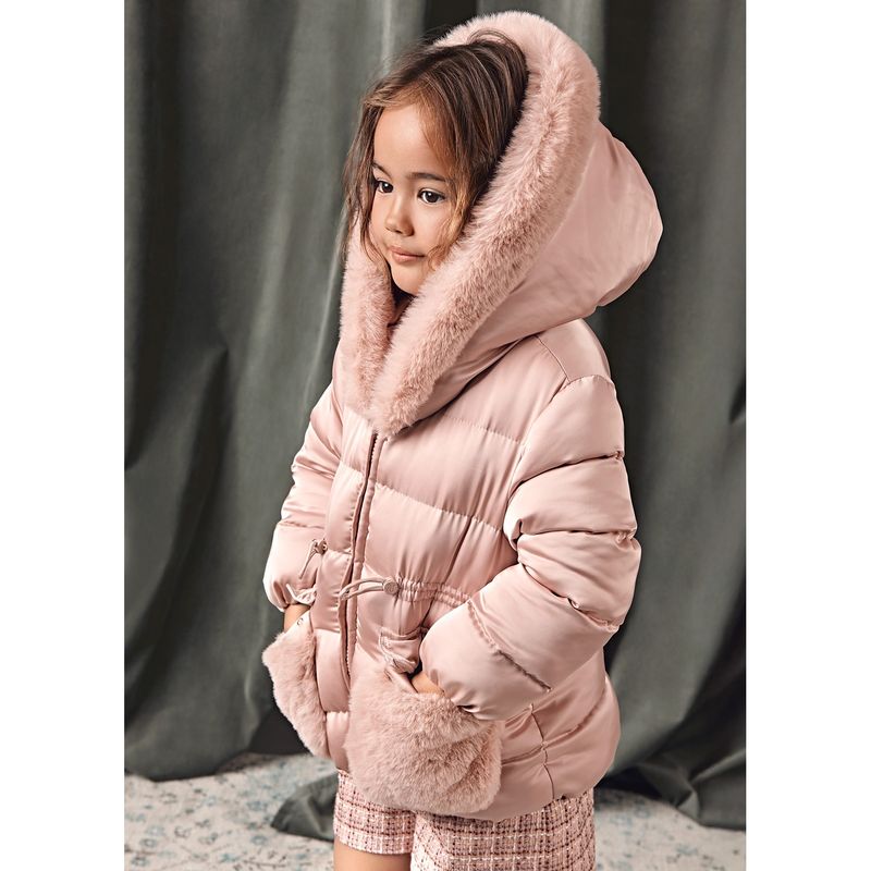 PINK SATIN COAT FAUX FUR TRIM HOODED / 5849-15