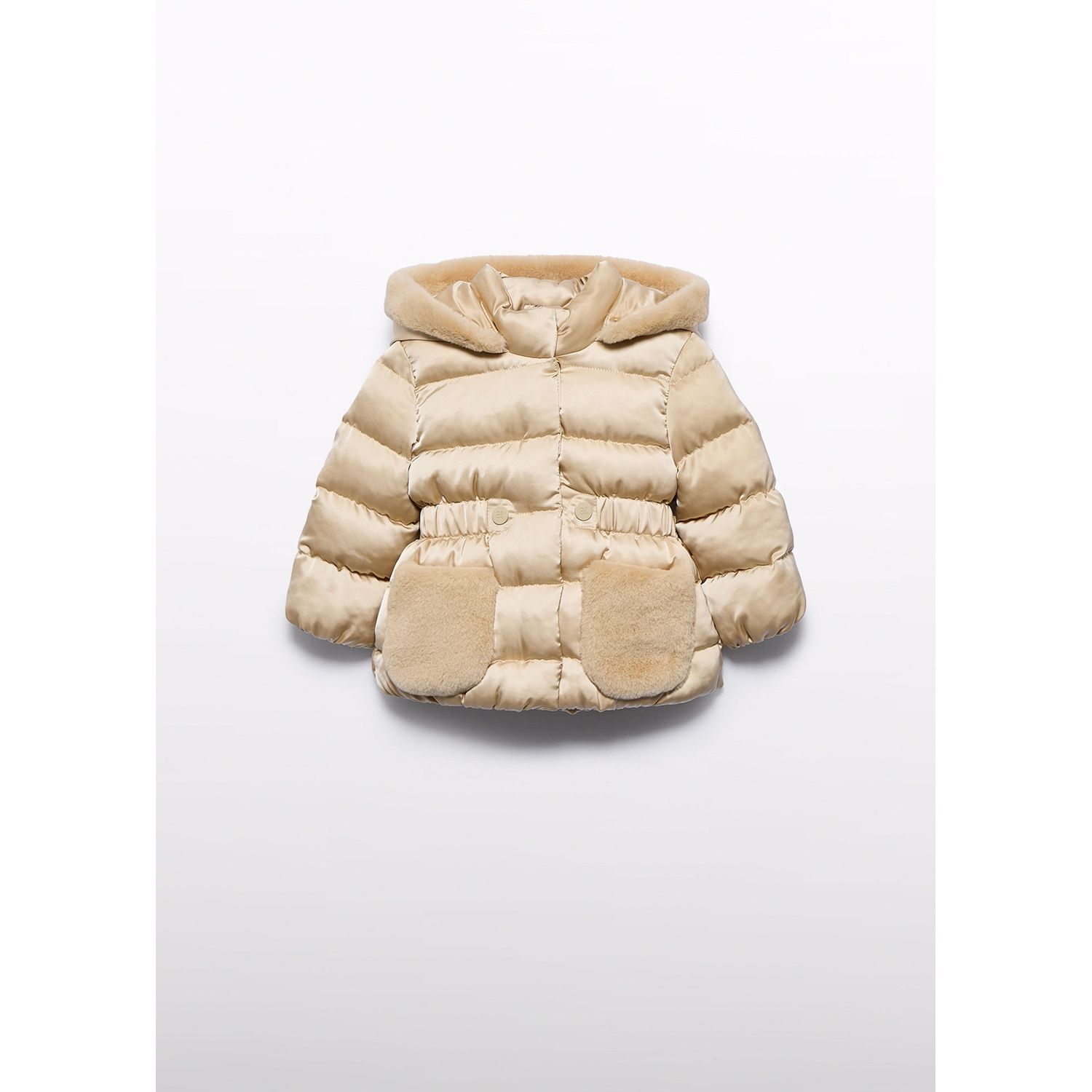 TAUPE SATIN JACKET HOODED FAUX FUR TRIM / 5821-020