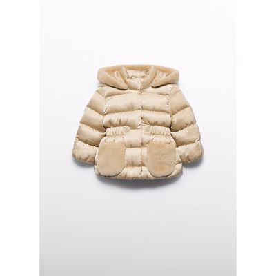 TAUPE SATIN JACKET HOODED FAUX FUR TRIM / 5821-020