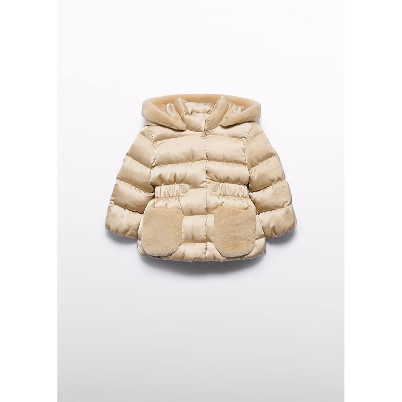 TAUPE SATIN JACKET HOODED FAUX FUR TRIM / 5821-020