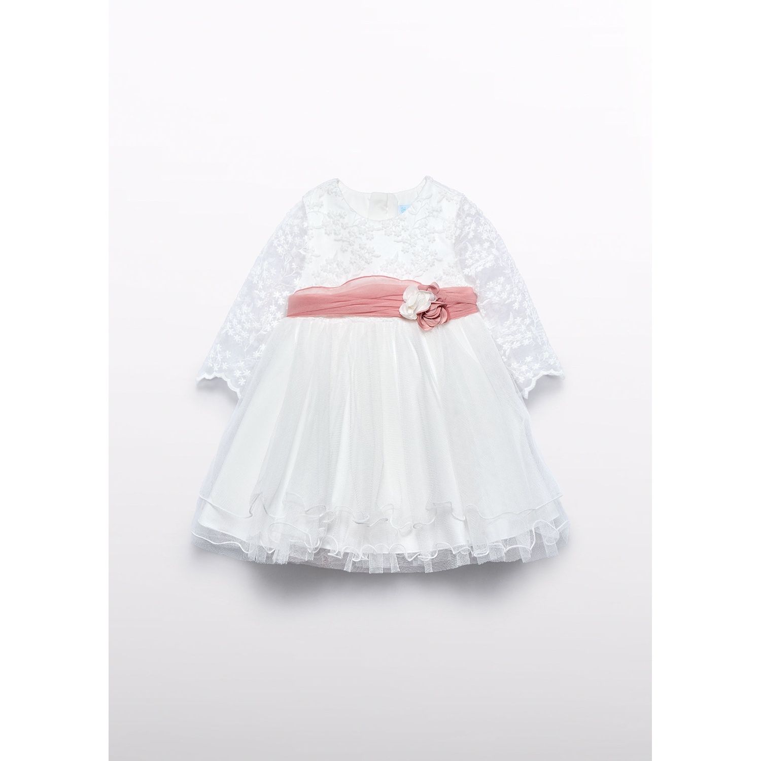 WHITE TULLE DRESS LACE BODICE PINK BELT / 502-001