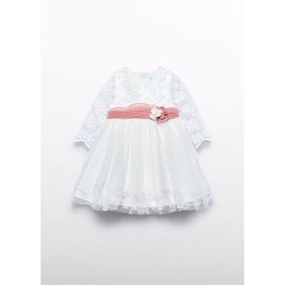 WHITE TULLE DRESS LACE BODICE PINK BELT / 502-001