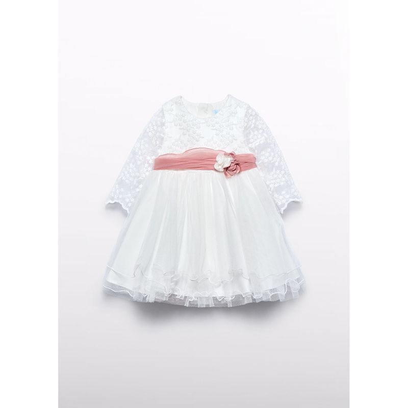WHITE TULLE DRESS LACE BODICE PINK BELT / 502-001