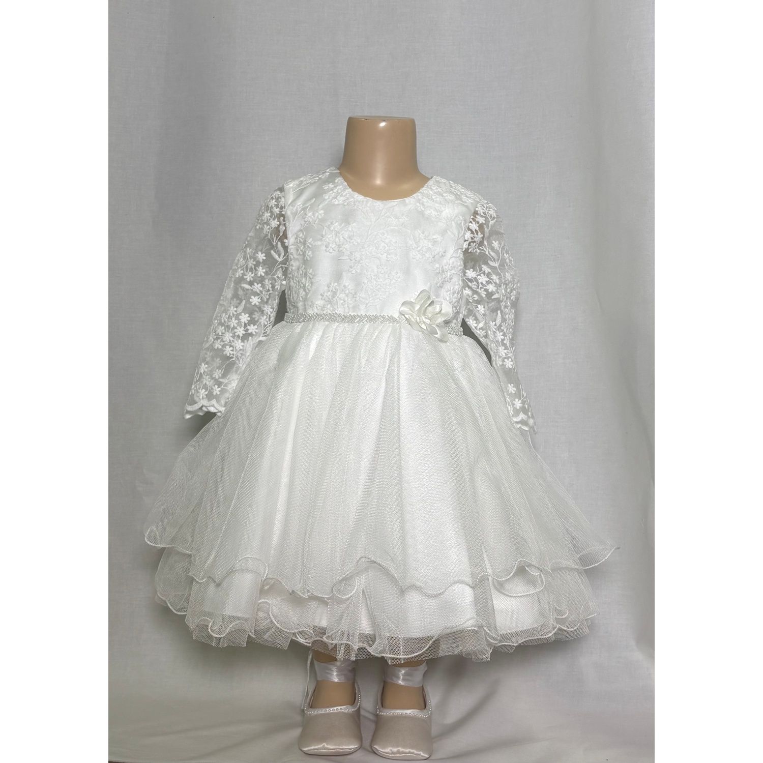 WHITE TULLE DRESS LACE BODICE PEARL BELT / 502-001