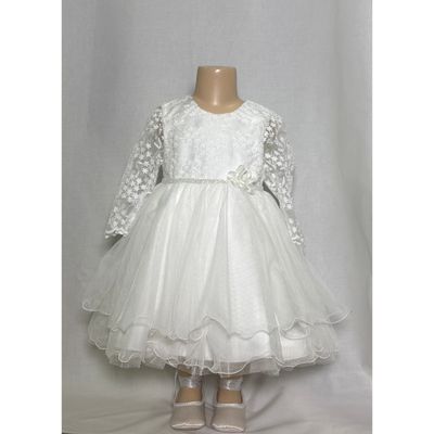 WHITE TULLE DRESS LACE BODICE PEARL BELT / 502-001