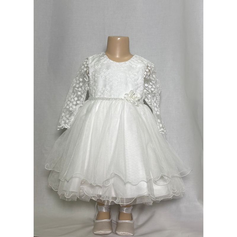 WHITE TULLE DRESS LACE BODICE PEARL BELT / 502-001