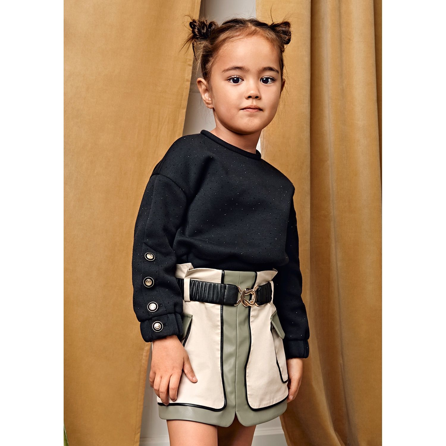 BEIGE & GREEN COMBINED TWILL SKIRT WITH POCKETS / 5523-001