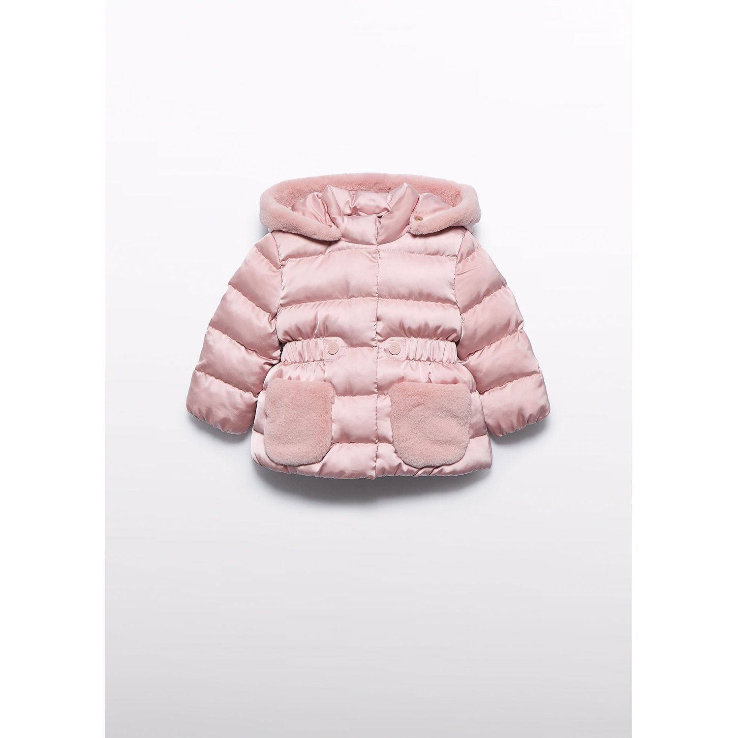 PINK SATIN JACKET HOODED FAUX FUR TRIM / 5821-019