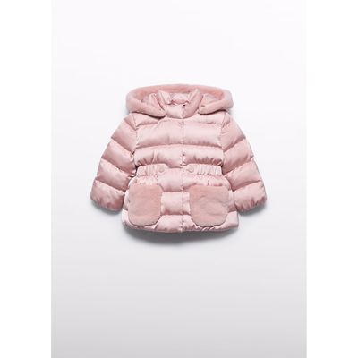 PINK SATIN JACKET HOODED FAUX FUR TRIM / 5821-019