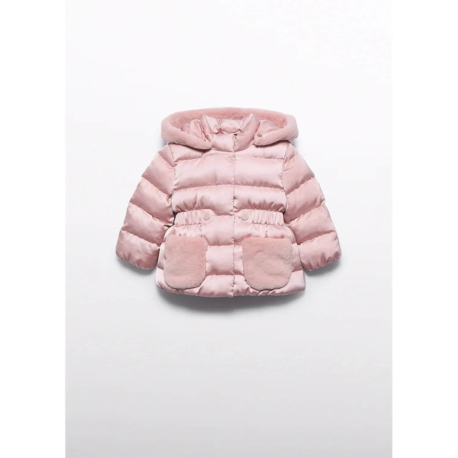 PINK SATIN JACKET HOODED FAUX FUR TRIM / 5821-019