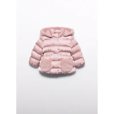 PINK SATIN JACKET HOODED FAUX FUR TRIM / 5821-019