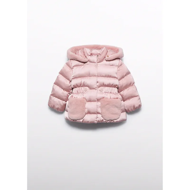 PINK SATIN JACKET HOODED FAUX FUR TRIM / 5821-019
