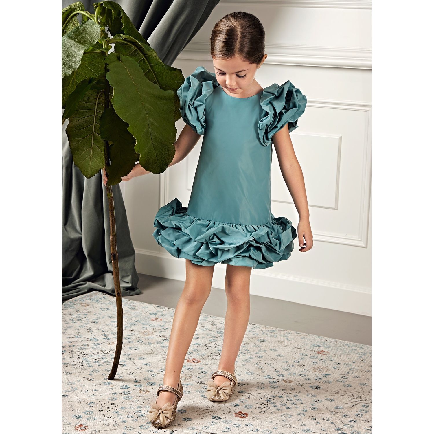 AQUA BLUE TAFFETA DRESS FLOUNCED HEM & CAP SLEEVE / 5535-009