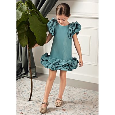 AQUA BLUE TAFFETA DRESS FLOUNCED HEM & CAP SLEEVE / 5535-009