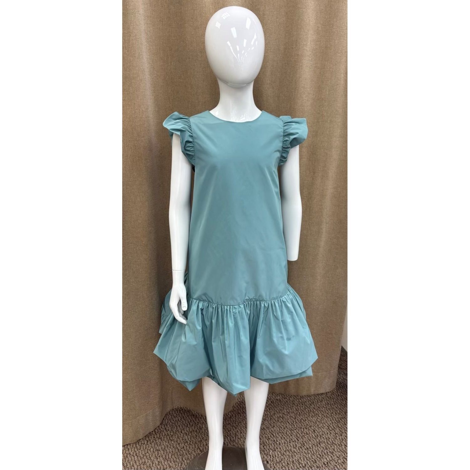 AQUA BLUE TAFFETA DRESS FLOUNCED HEM & CAP SLEEVE / 5535-009