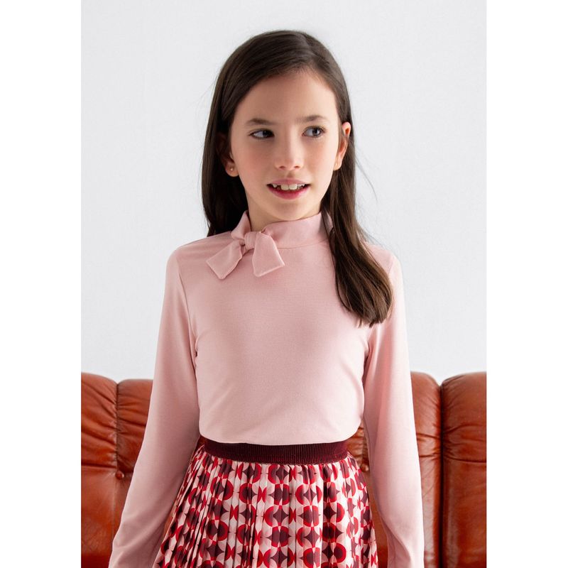 PETAL PINK TURTLENECK TOP BOW TRIM / 5607-058