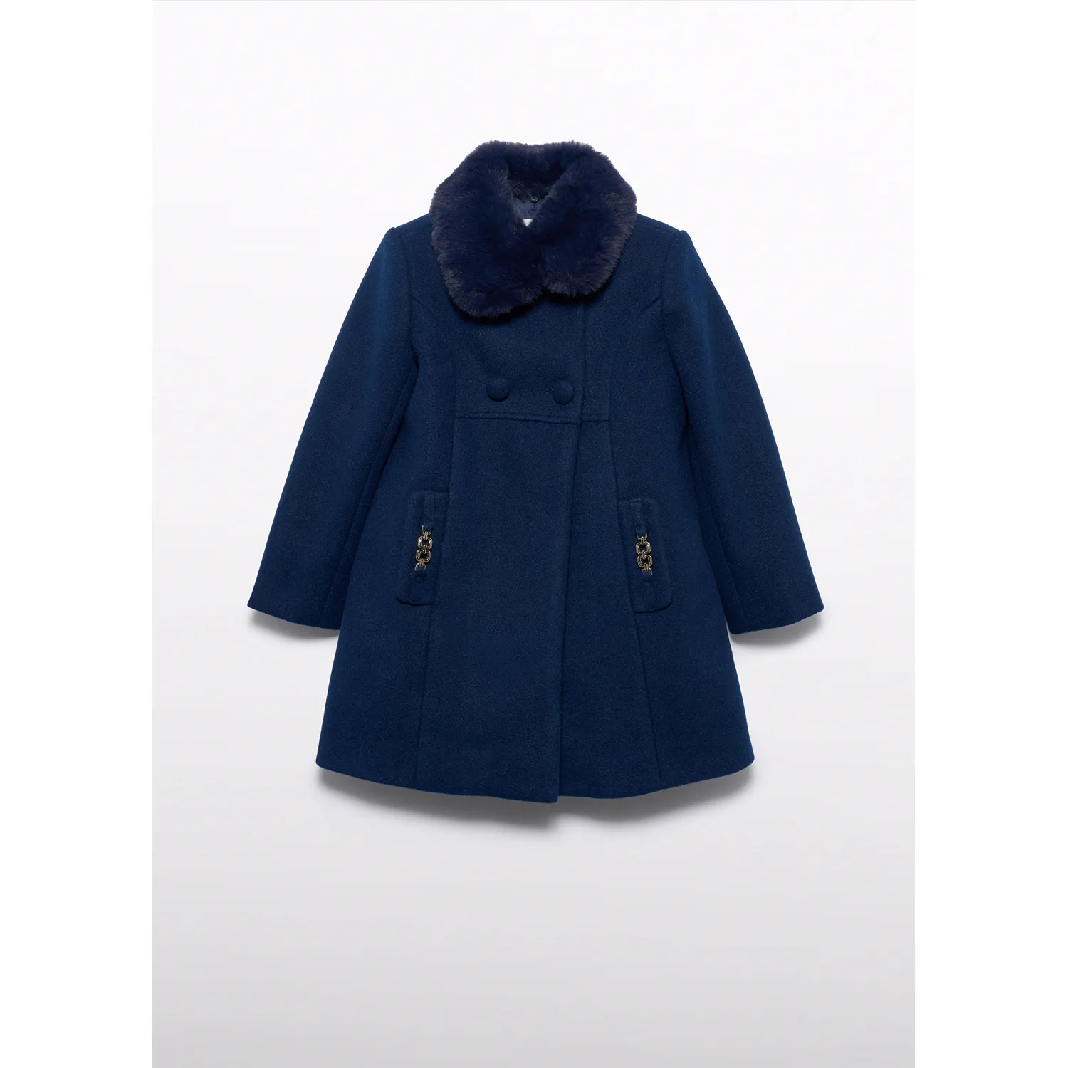NAVY WOOL COAT FAUX FUR COLLAR / 5846-093