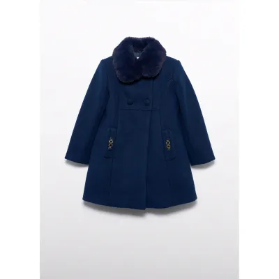 NAVY WOOL COAT FAUX FUR COLLAR / 5846-093