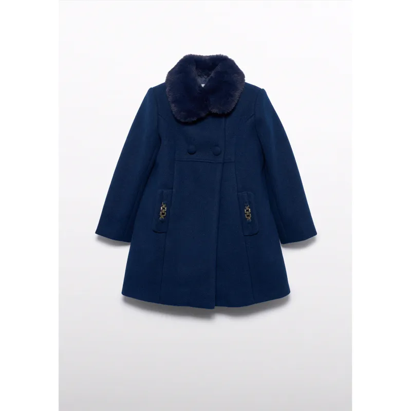 NAVY WOOL COAT FAUX FUR COLLAR / 5846-093