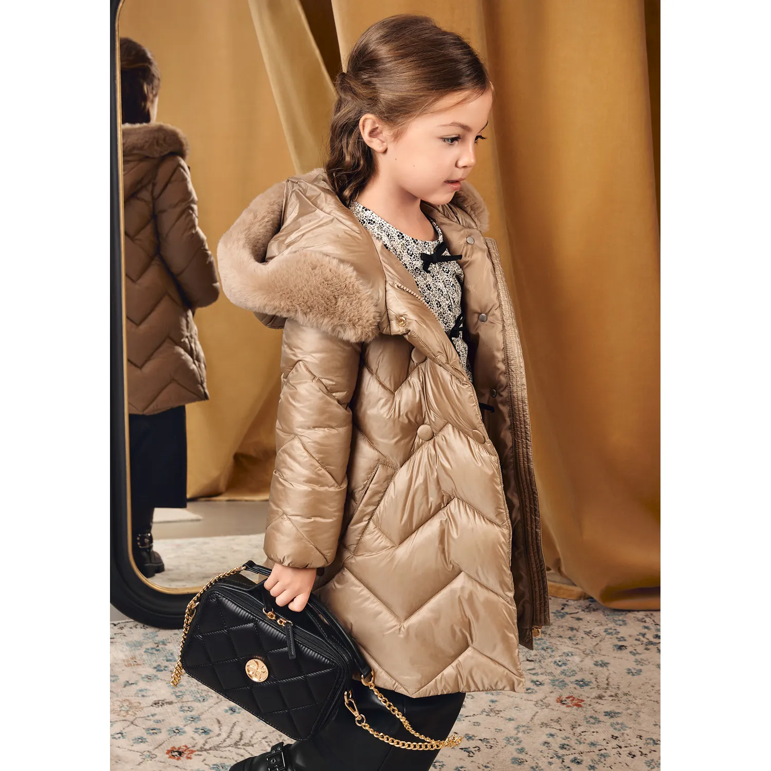 BEIGE COAT HOODED FAUX FUR TRIM PADDED / 5847-011