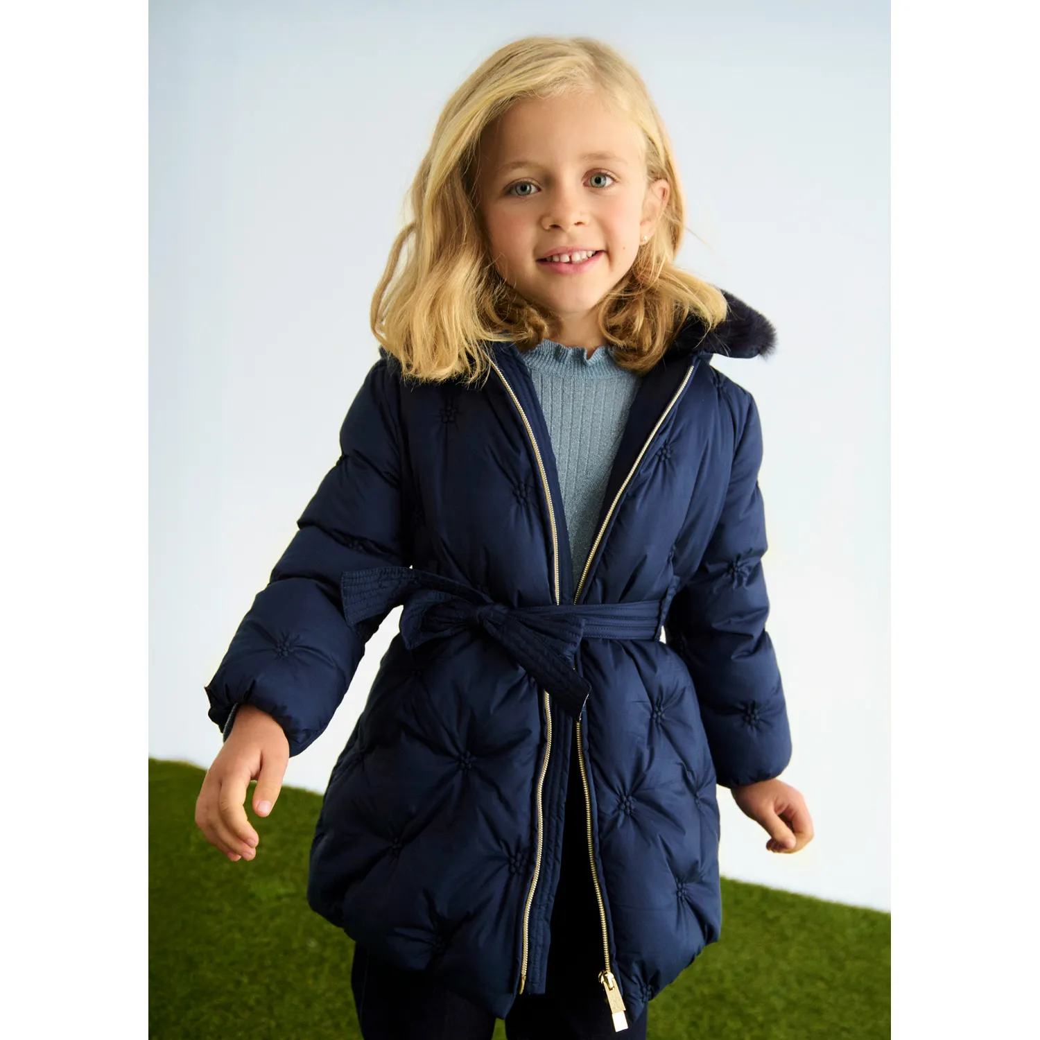 NAVY PADDED JACKET WITH BELT REMOVABLE HOOD FAUX FUR TRIM / 5848-093