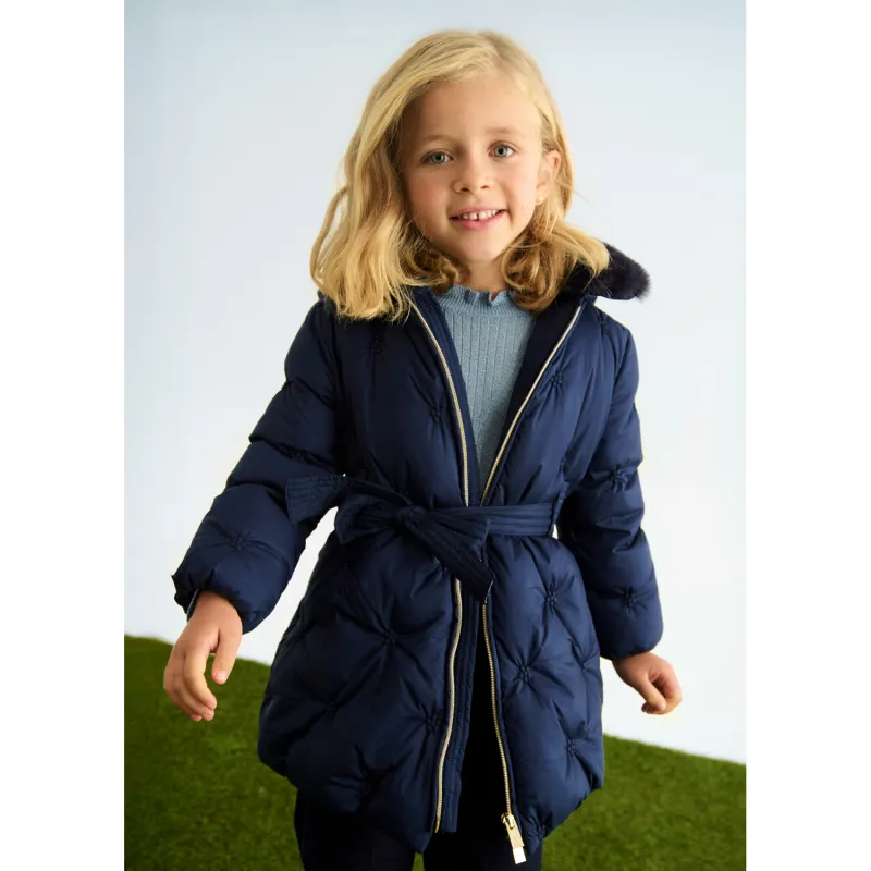 NAVY PADDED JACKET WITH BELT REMOVABLE HOOD FAUX FUR TRIM / 5848-093