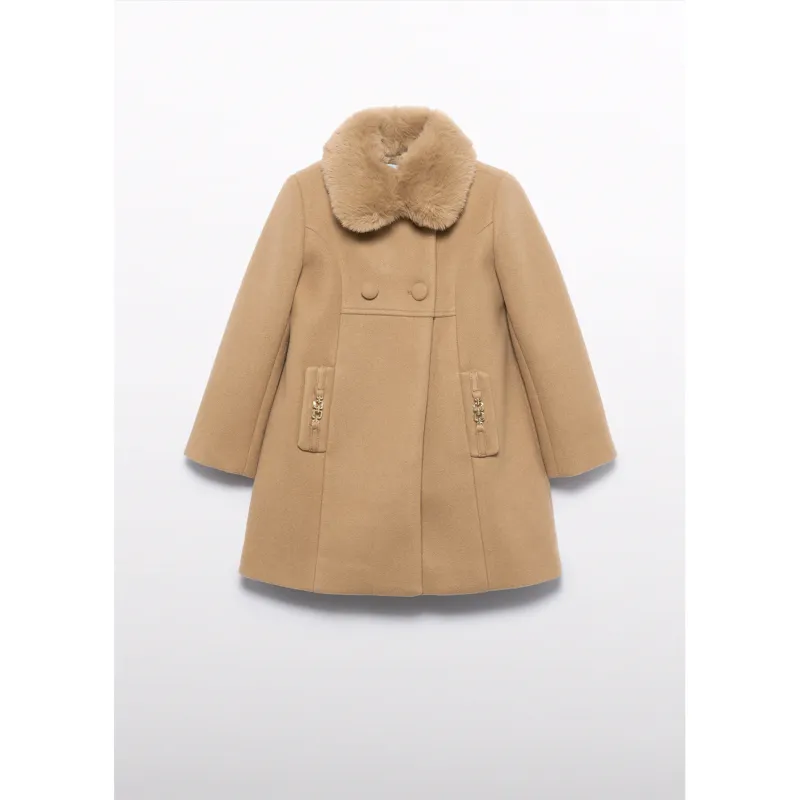 CAMEL WOOL COAT FAUX FUR COLLAR BROWN / 5846-094