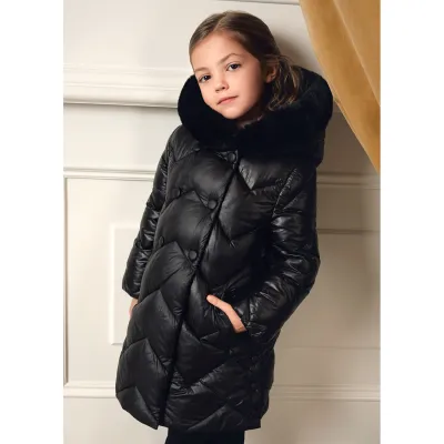 BLACK PADDED LONG COAT HOODED FAUX FUR TRIM / 5847-010