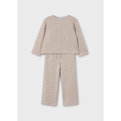 BEIGE LAME KNIT PANT SET SPARKLY BOW TRIM / 4584-095