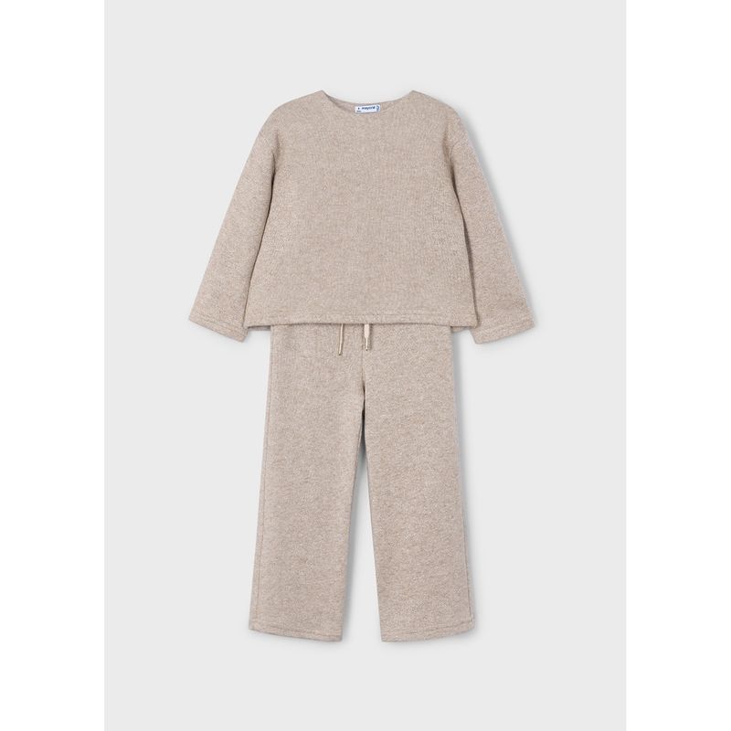 BEIGE LAME KNIT PANT SET SPARKLY BOW TRIM / 4584-095