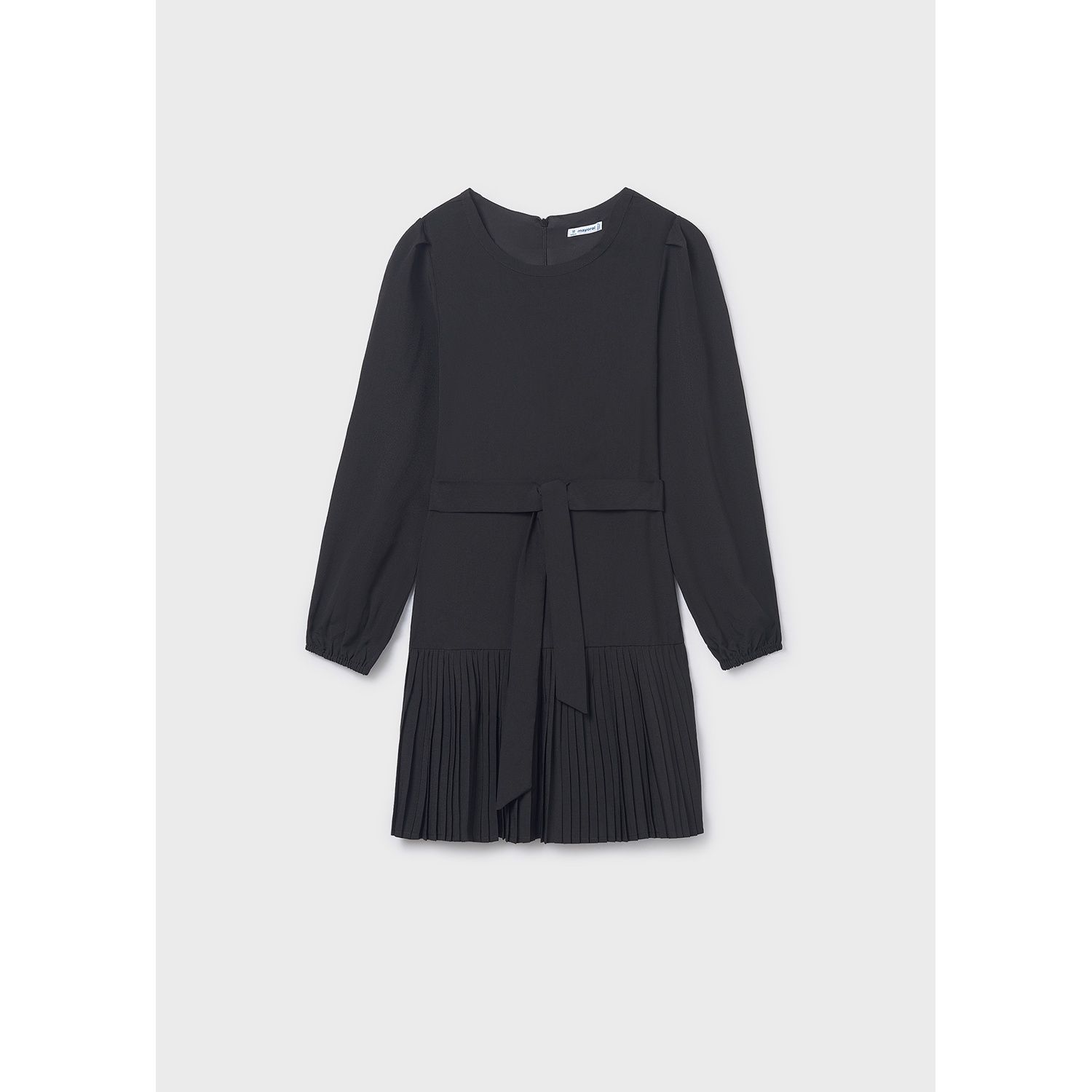 BLACK DRESS & BELT PLEATED HEM LONG SLEEVE / 7908-052