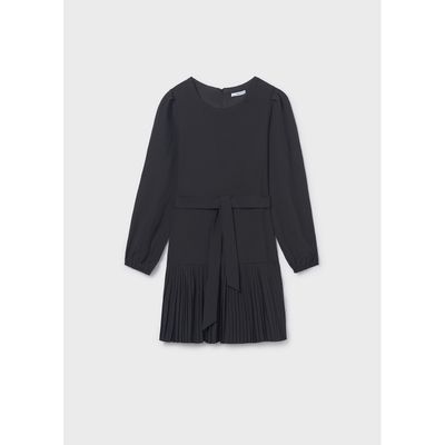 BLACK DRESS & BELT PLEATED HEM LONG SLEEVE / 7908-052