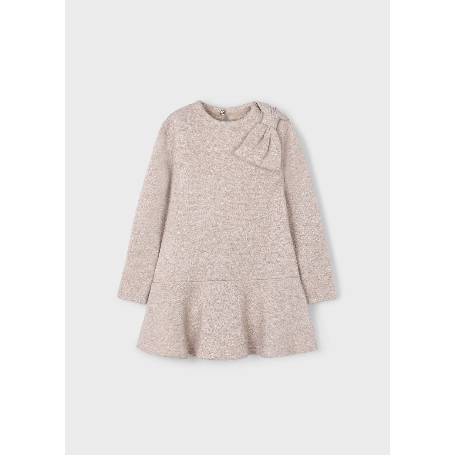TAUPE KNIT DRESS SPARKLY BOW TRIM LONG SLEEVE / 4991-073